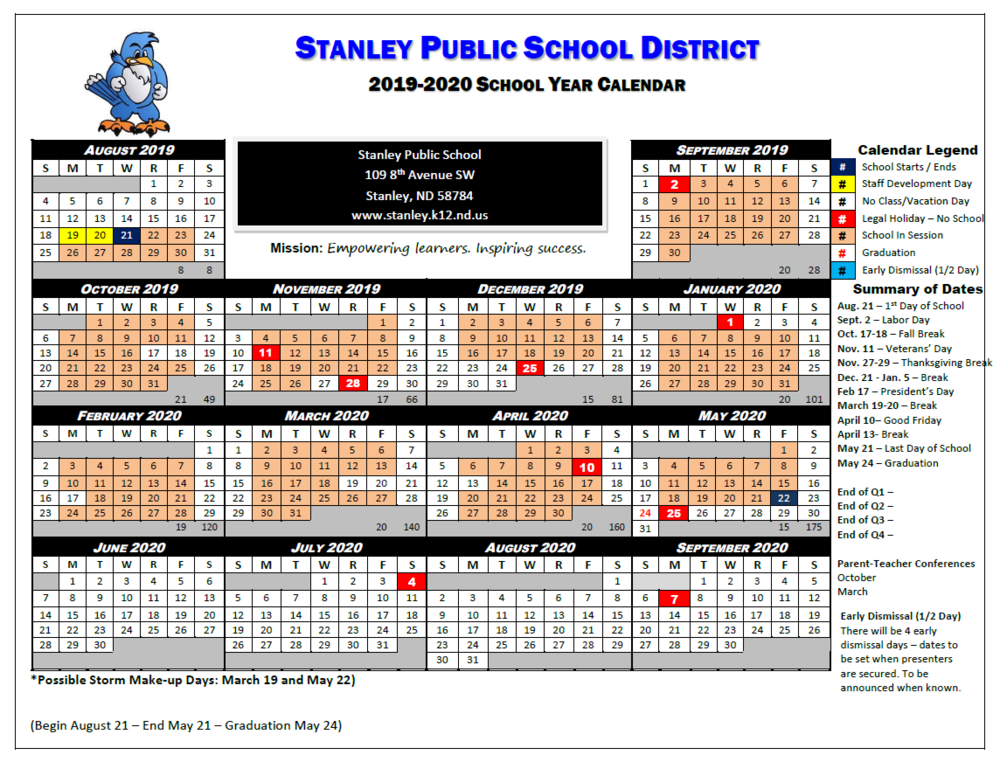 School Board Adopts 20192020 School Calendar Stanley Community Schools